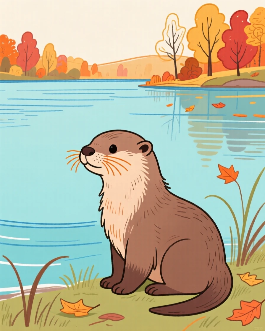 A baby otter watching the horizon beside a still lake on a crisp autumn day.