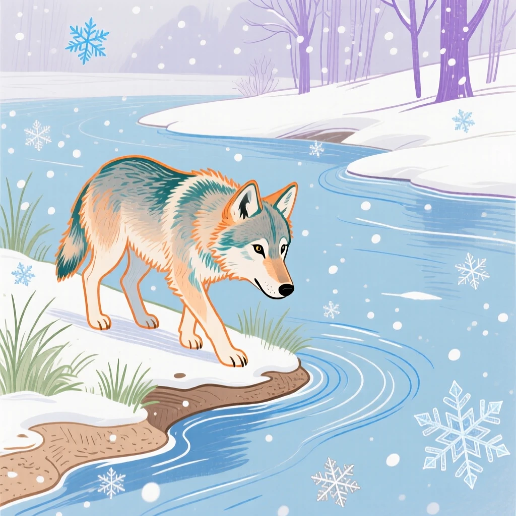 A young wolf exploring along a quiet riverbank during a light snowfall.