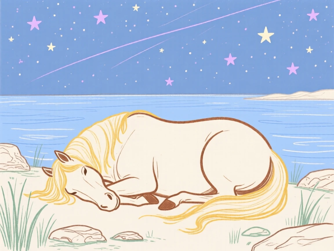 A grazing horse curled up together beside a still lake under a clear starry sky.