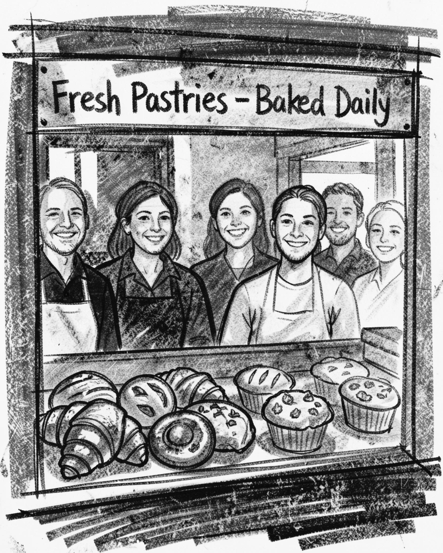 A row of fresh pastries displayed in a bakery window, with everyone smiling and full of warmth.
