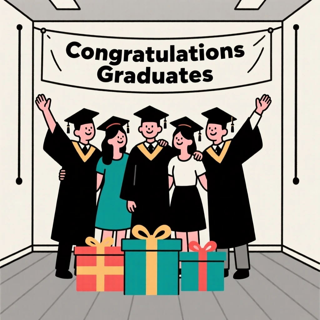Friends gathered for a graduation ceremony in a decorated banquet hall, surrounded by ribbon-wrapped gifts, radiating shared happiness.