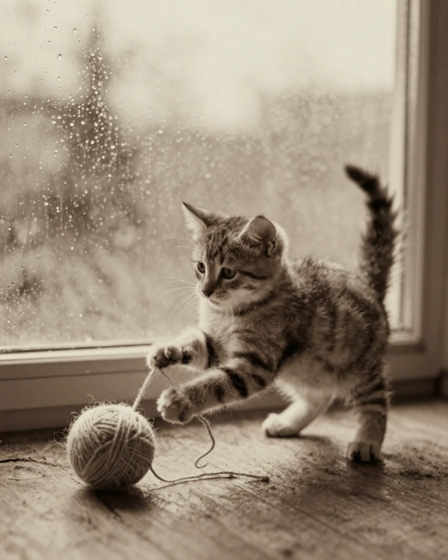 A kitten batting playfully at a ball of yarn, in gentle diffused daylight, on a clear, cloudless day, in the depths of winter, with a soft sepia-tinted glow, through a rain-streaked window.