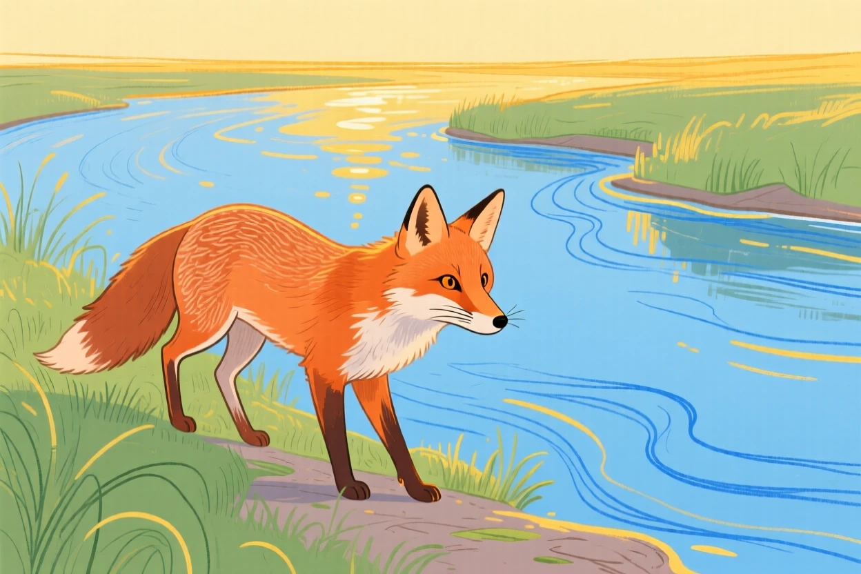 A curious fox exploring along a quiet riverbank during golden hour.