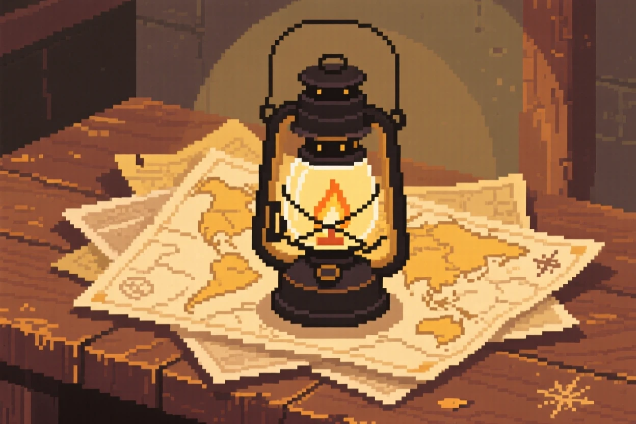 A lantern that never runs out of oil resting on a pile of old maps, on a captain's desk aboard an old ship.