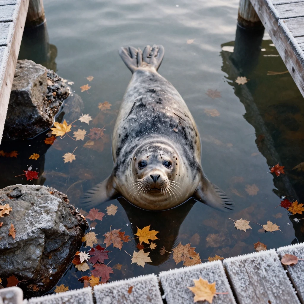 A curious seal poking its head above calm harbor water, in gentle diffused daylight, with frost coating every surface, as autumn leaves turn gold and red, with stark black-and-white contrast softened by a single warm hue, shot from directly overhead.