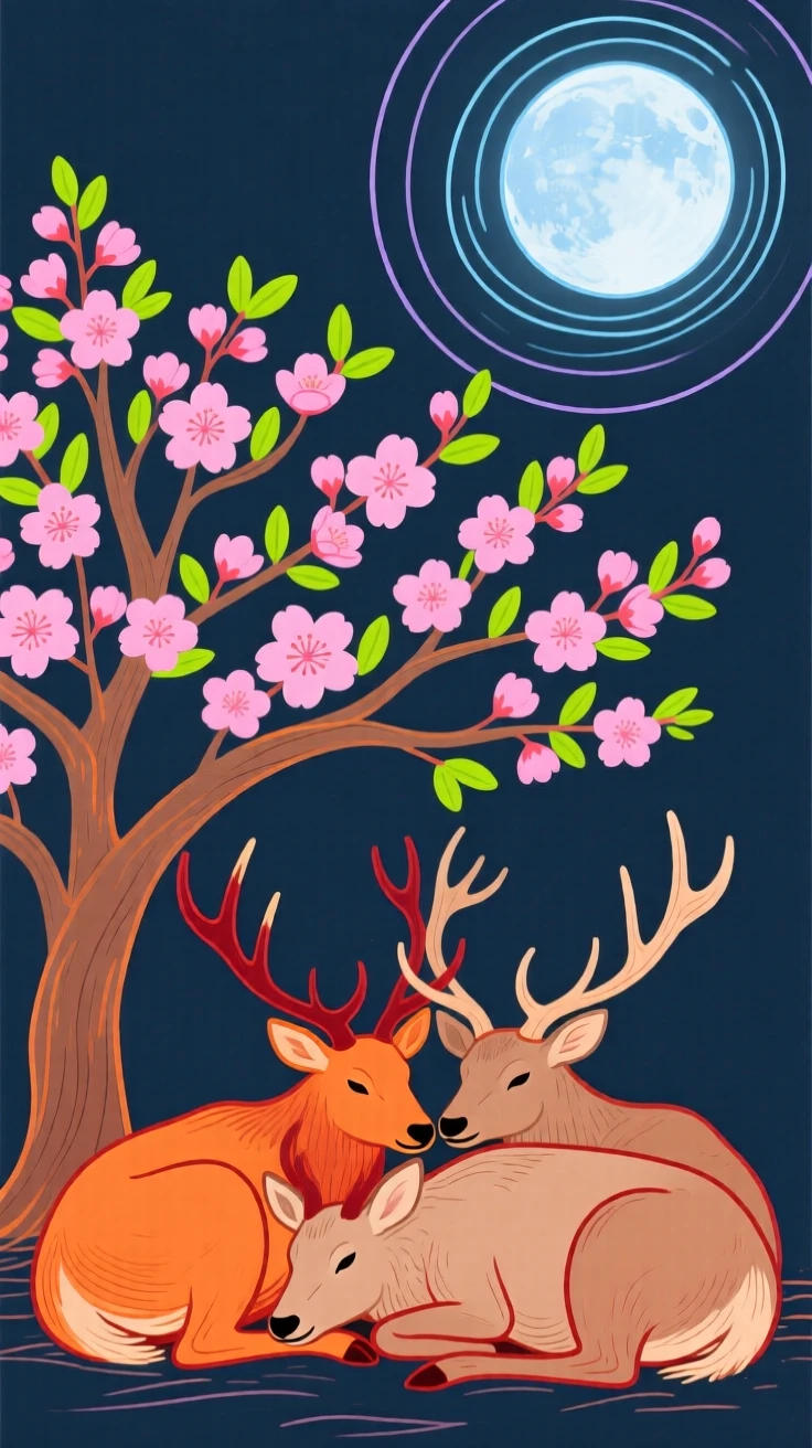 A herd of elk curled up together under a blossoming tree under a full moon.
