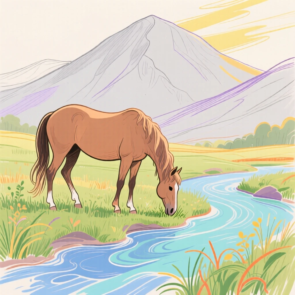 A grazing horse grazing beside a mountain stream on a quiet summer afternoon.
