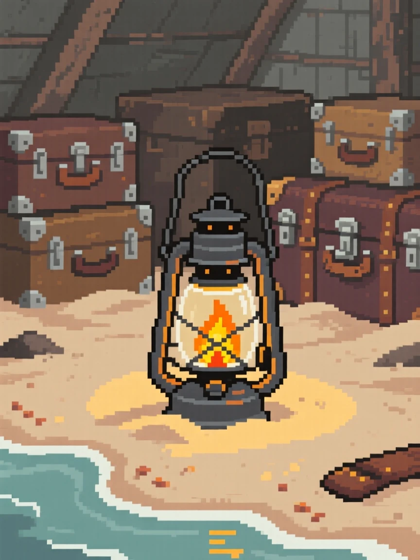 A lantern that never runs out of oil half-buried in sand on a forgotten beach, within a dusty attic full of old trunks.