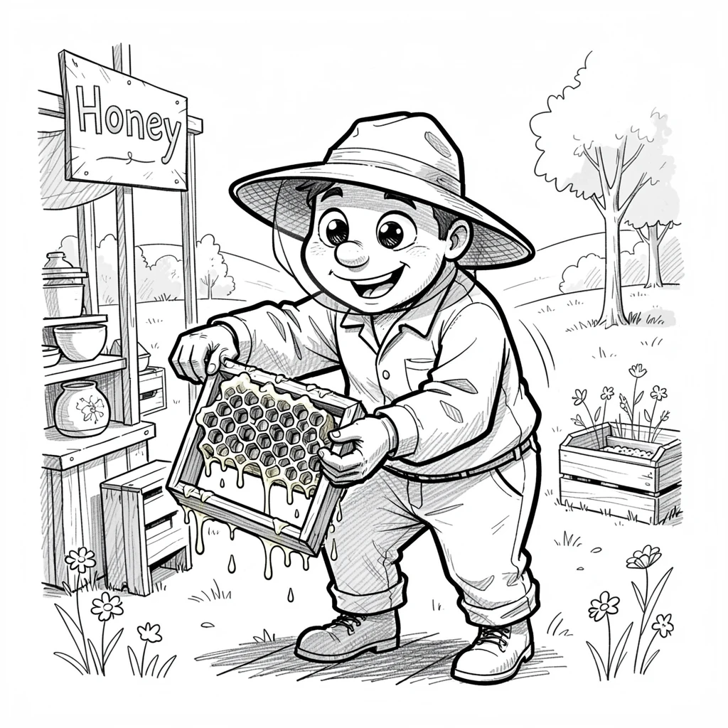 A beekeeper checking a hive full of honeycomb at a countryside craft fair.