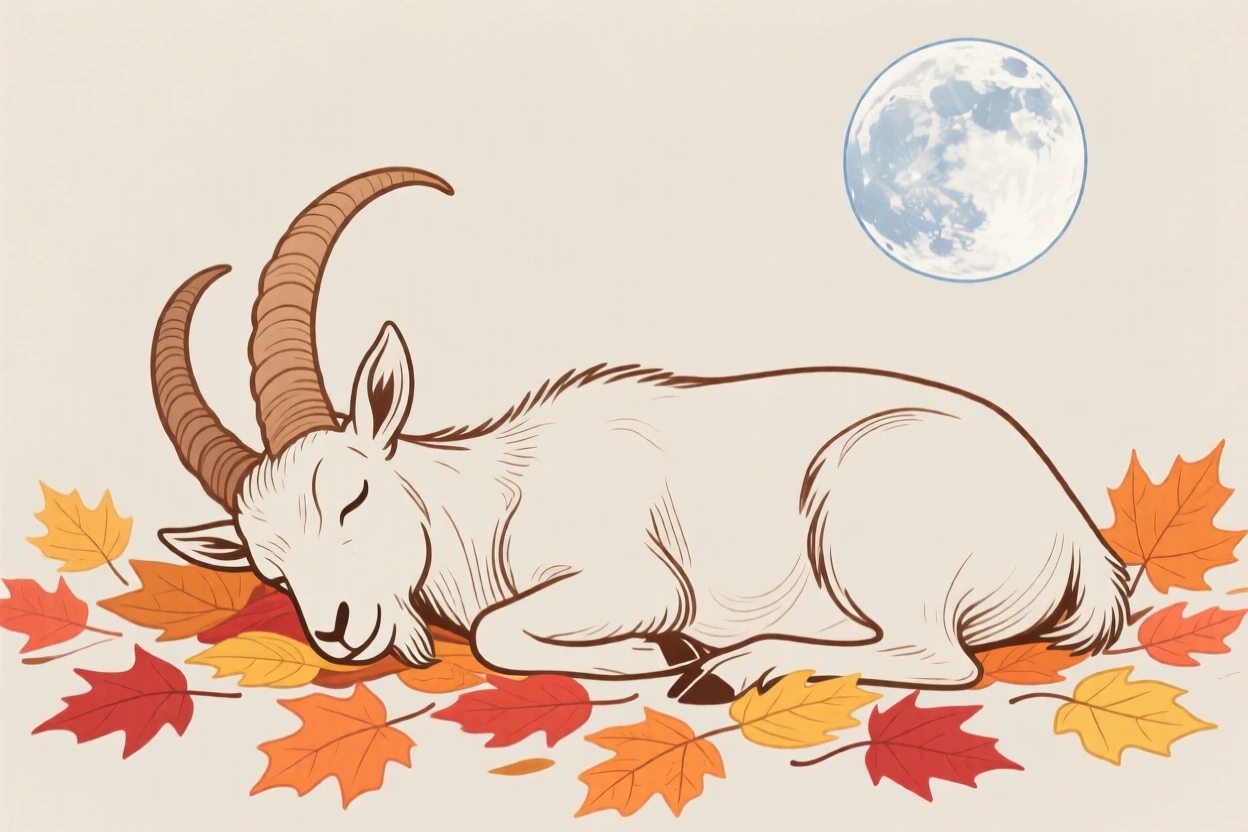 A mountain goat napping among autumn leaves under a full moon.