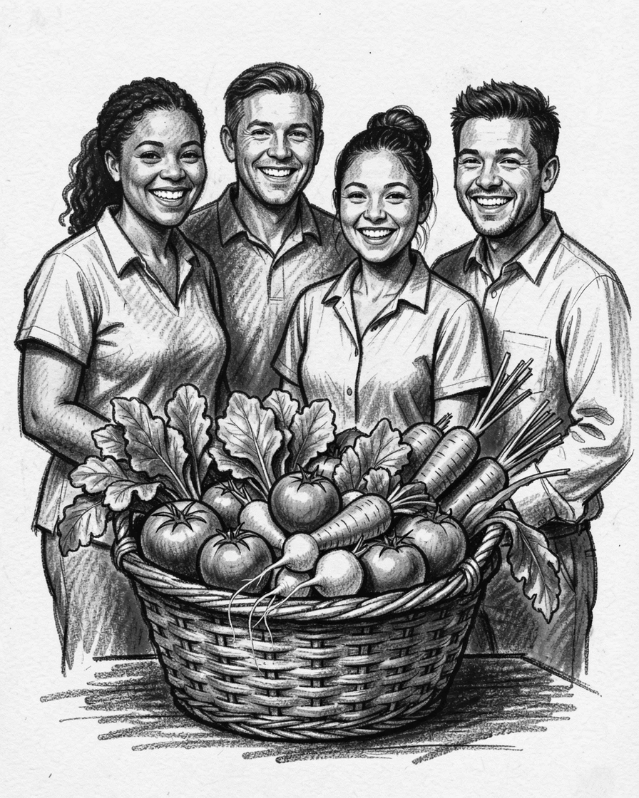 A basket overflowing with fresh garden vegetables, with everyone smiling and full of warmth.