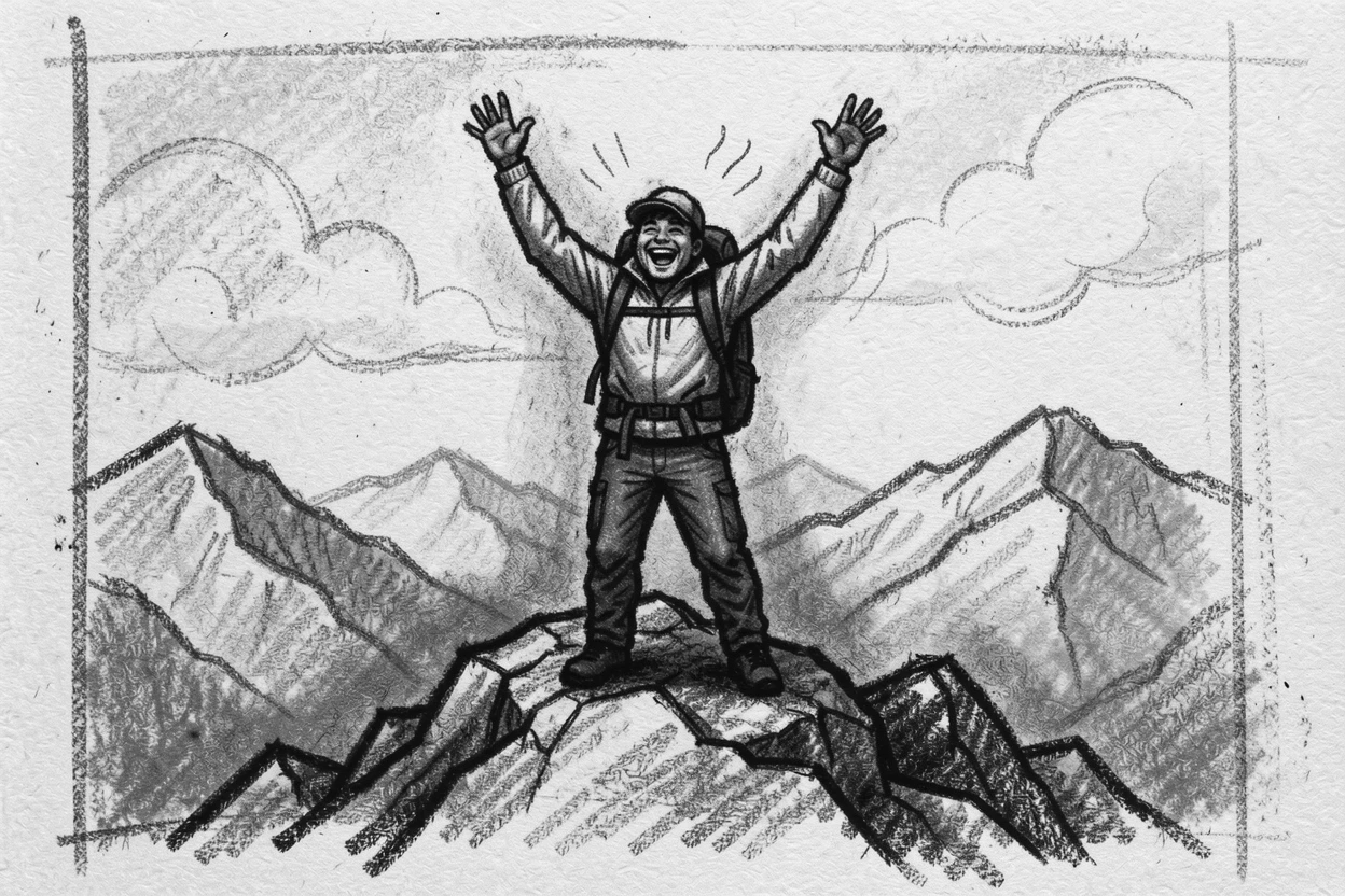 A hiker standing atop a summit with arms raised in triumph, as laughter fills the air around them.