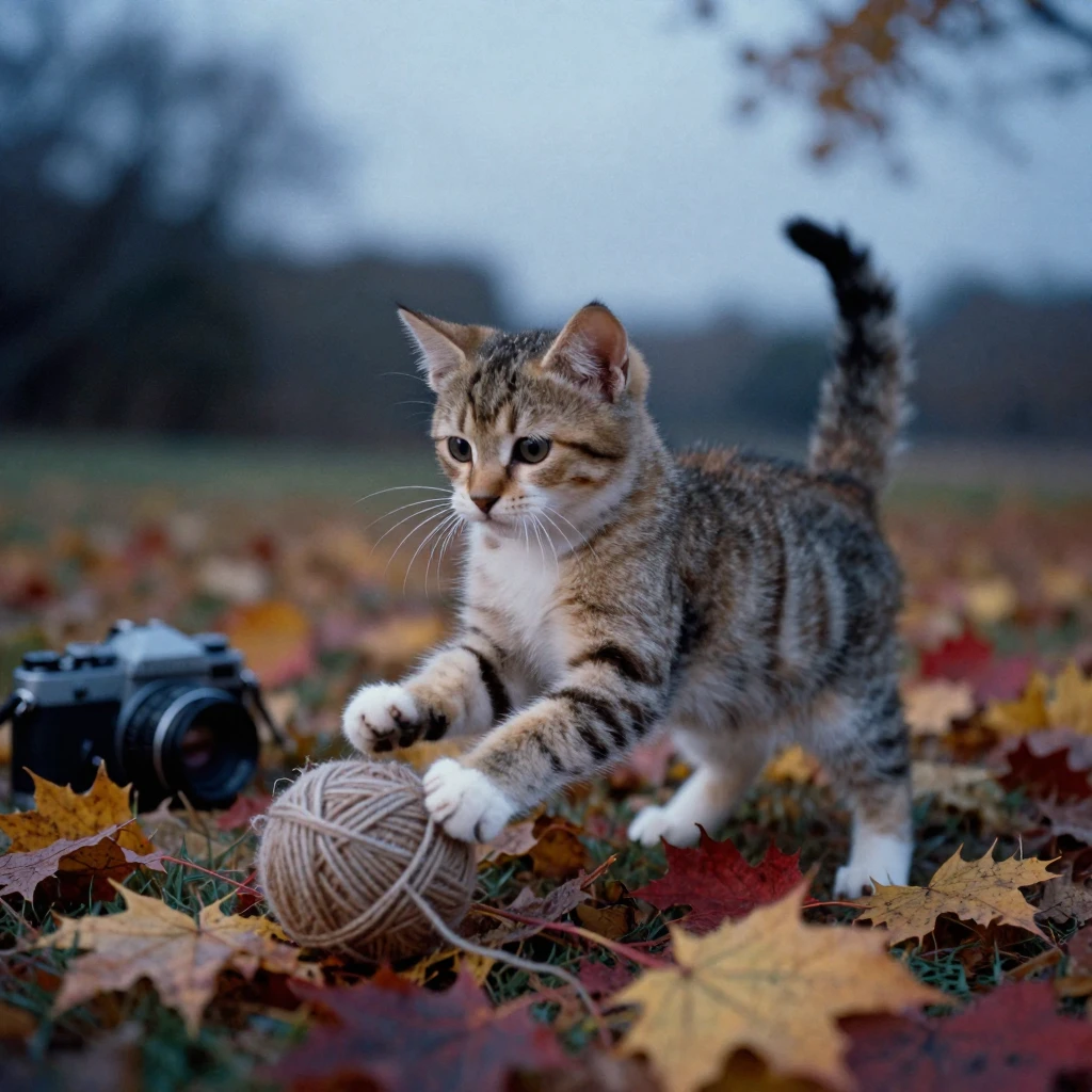 A kitten batting playfully at a ball of yarn, in cool blue twilight, in still, windless air, as autumn leaves turn gold and red, with muted olive and rust colors, from a three-quarter angle.