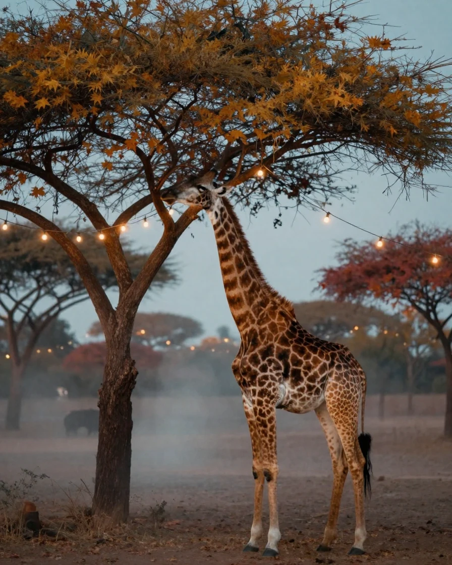 A giraffe reaching gracefully into the branches of an acacia tree, under strings of warm string lights, as mist rises off the ground, as autumn leaves turn gold and red, in cool blues and silvery greys, viewed from across the room.