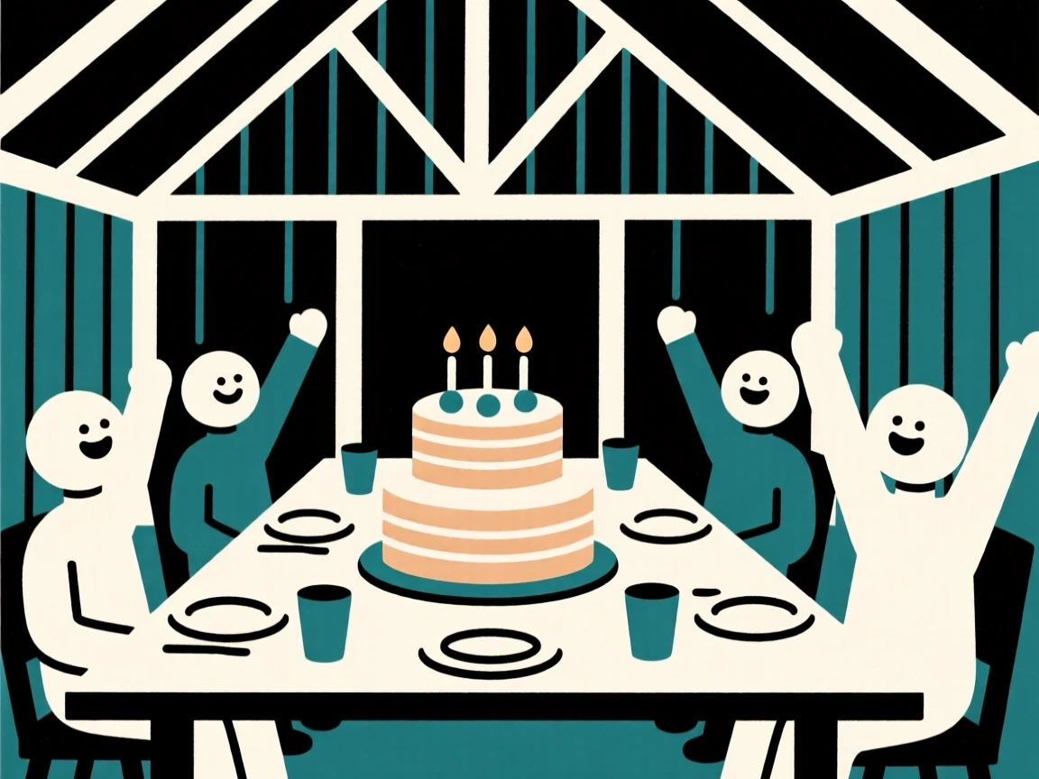A joyful holiday feast taking place in a rustic barn, decorated with a tiered celebration cake, full of joyful celebration.
