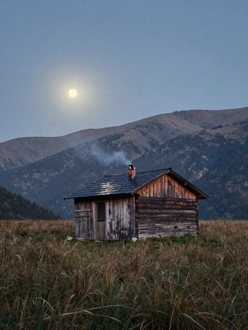 A shepherd's hut perched on a high mountain pasture, under moonlight, under a light drizzle, in the height of summer, in cool blues and silvery greys, from a slightly elevated vantage point.