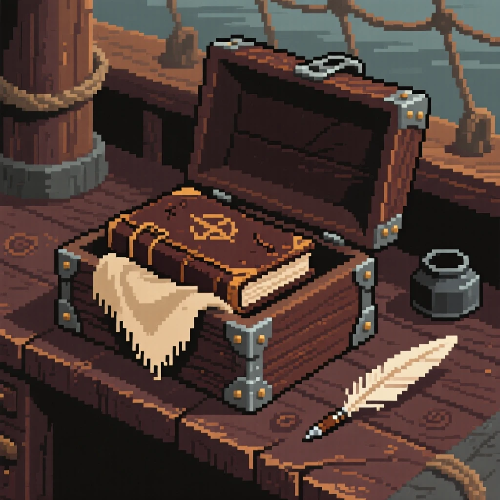 A spellbook bound in worn leather wrapped in a cloth inside a wooden box, on a captain's desk aboard an old ship.