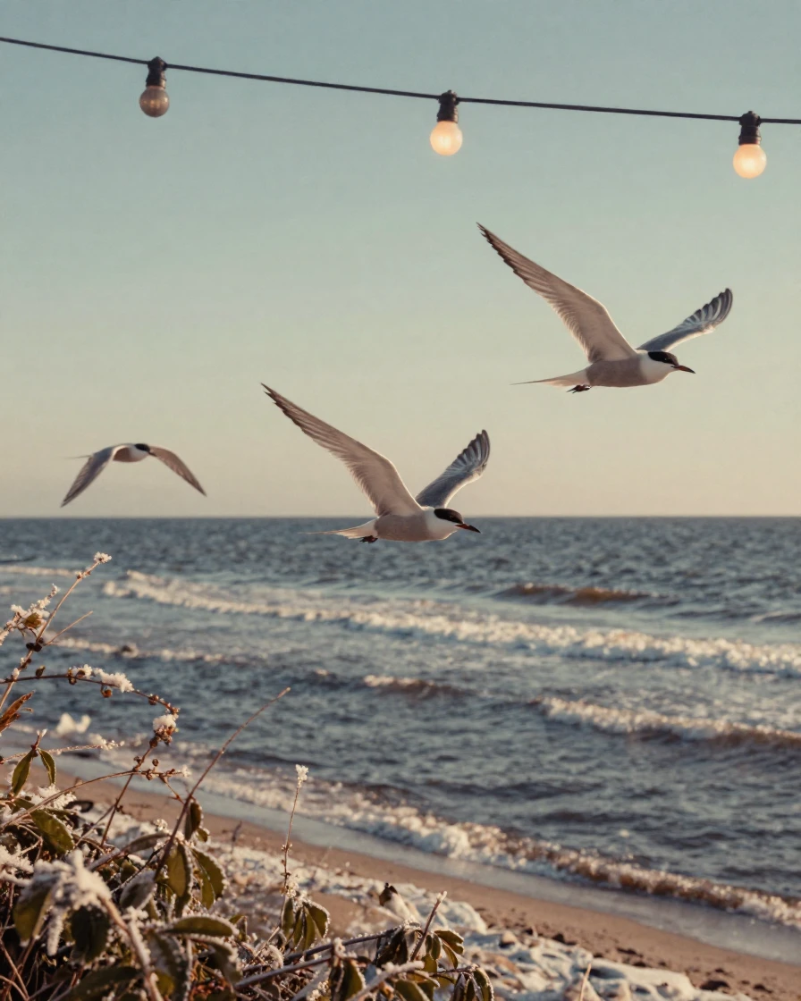 Seabirds gliding low over rolling ocean swells, under strings of warm string lights, on a clear, cloudless day, under the first snow of winter, in soft muted pastels, peering through foliage in the foreground.
