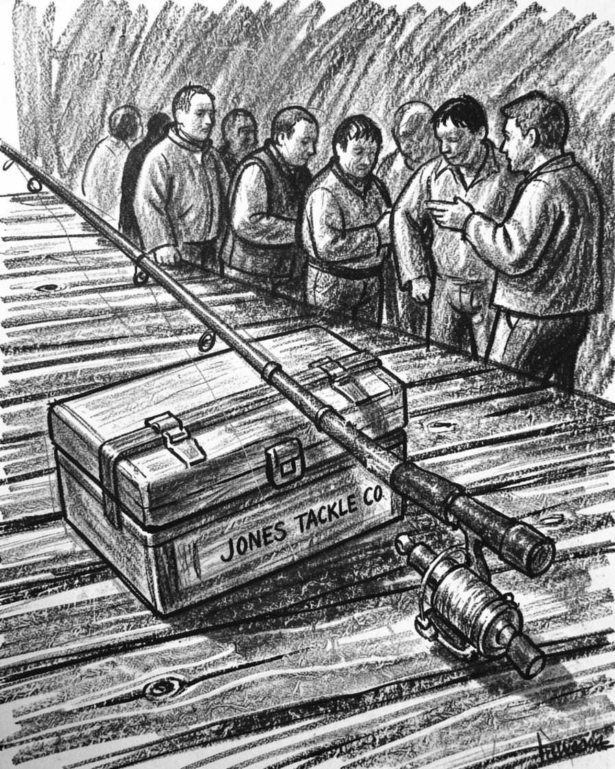 A fisherman's tackle box and rod resting on a dock, with everyone gathered close together.