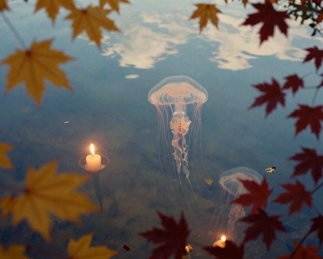 Jellyfish drifting gently through sunlit blue water, under flickering candlelight, under scattered clouds, as autumn leaves turn gold and red, with rich burgundy and gold accents, peering through foliage in the foreground.