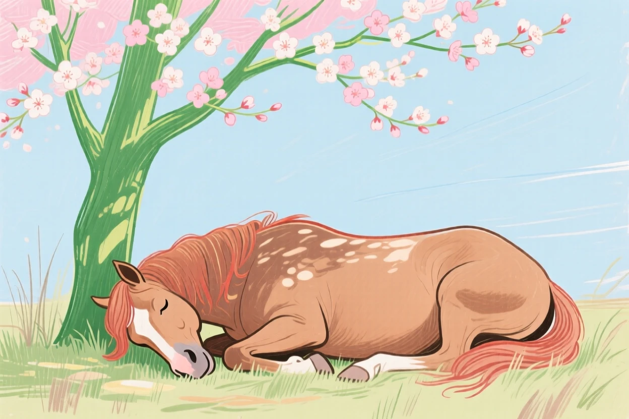 A grazing horse napping under a blossoming tree on a quiet summer afternoon.