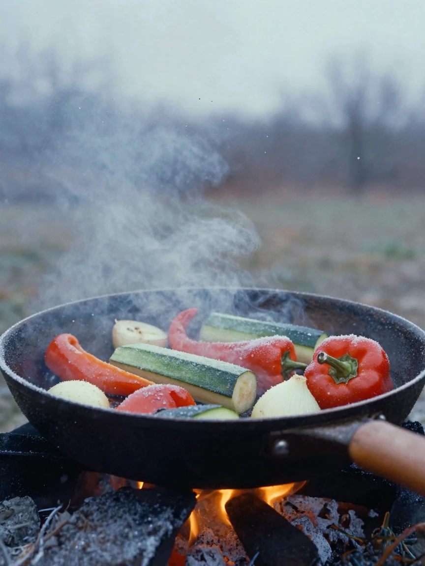 A pan of sizzling vegetables over an open flame, under a pale winter sky, with frost coating every surface, as summer fades into fall, in cool blues and silvery greys, through a rain-streaked window.