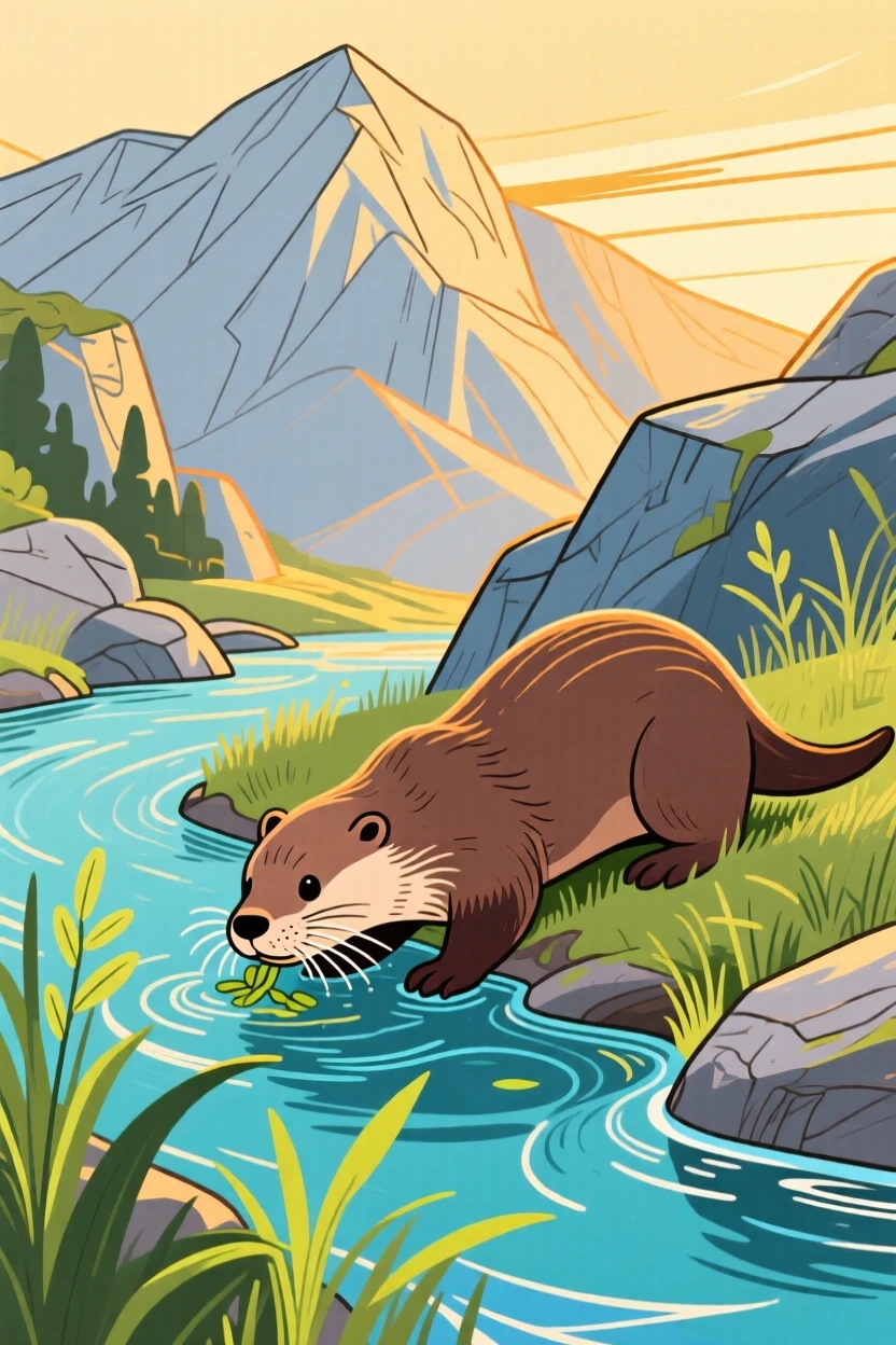 A playful otter grazing beside a mountain stream during golden hour.