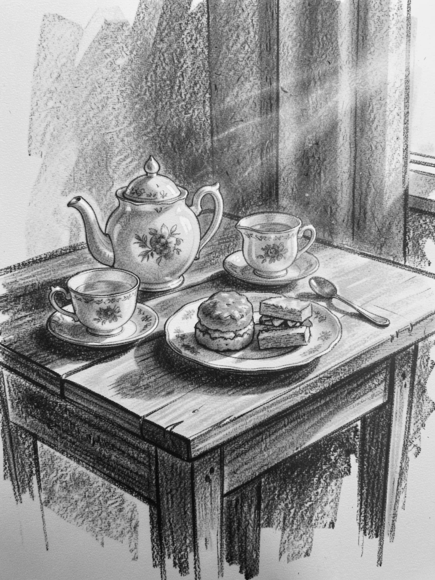 A table set for afternoon tea with fine china, as golden afternoon sun spills across the scene.