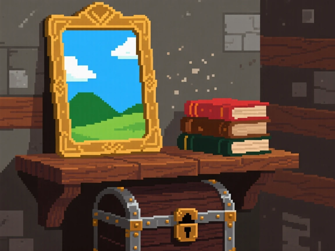 A mirror that shows another world sitting on a shelf beside dusty books, atop a pirate's buried treasure chest.