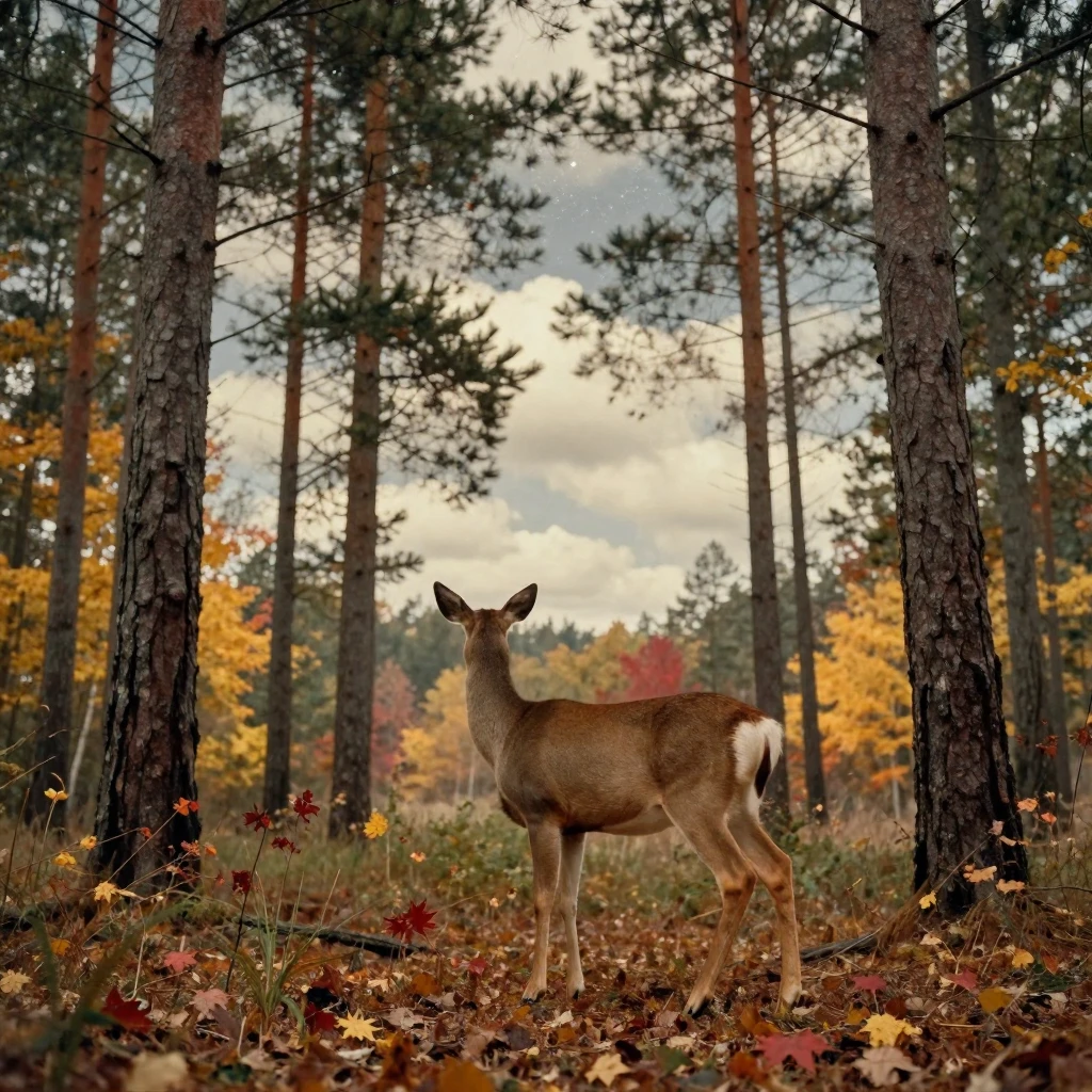 A deer standing motionless among tall pine trees, under a canopy of stars, under scattered clouds, as autumn leaves turn gold and red, in warm honey and cream tones, from behind, looking toward the horizon.