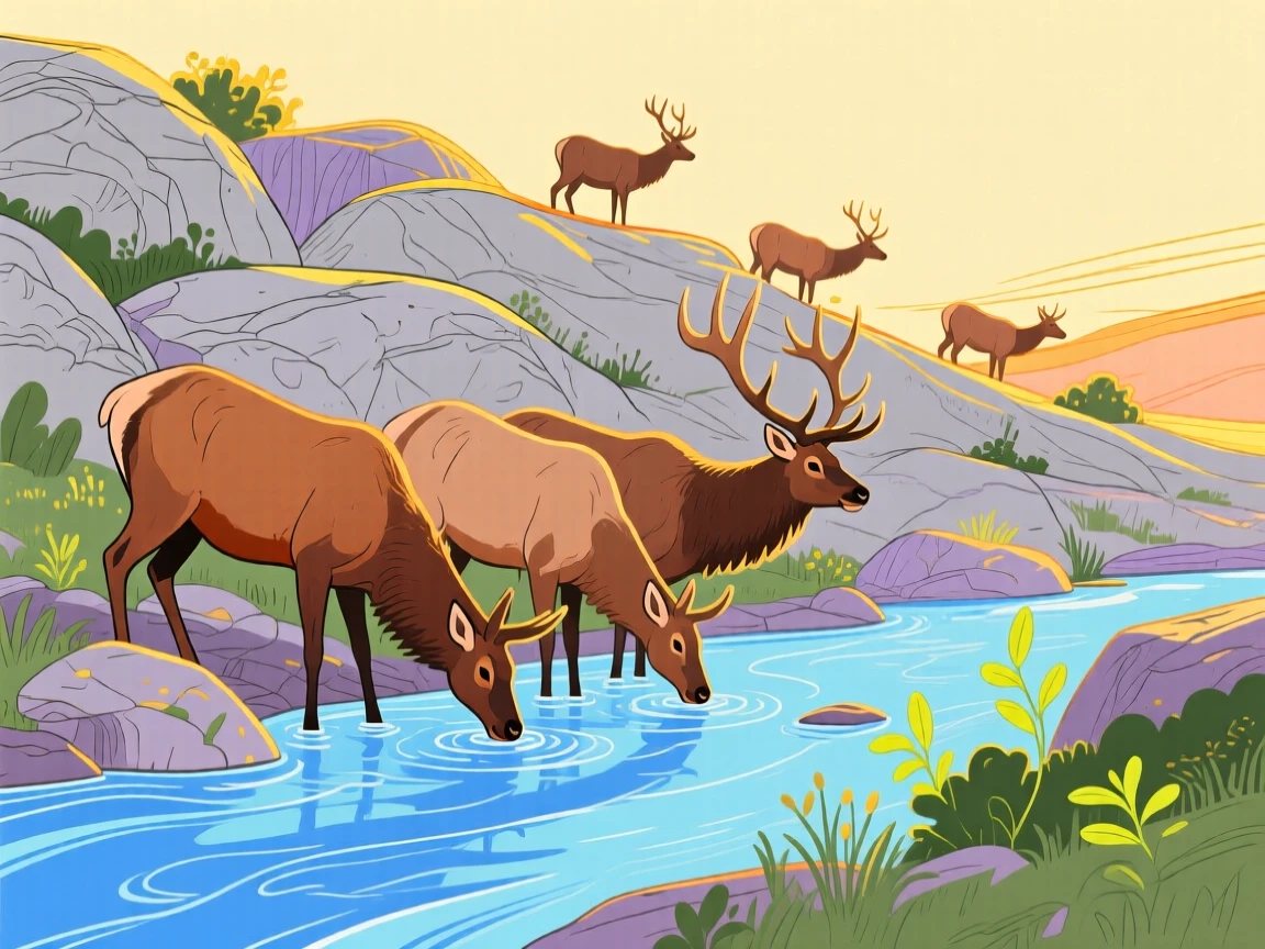 A herd of elk drinking from a stream on a rocky hillside during golden hour.