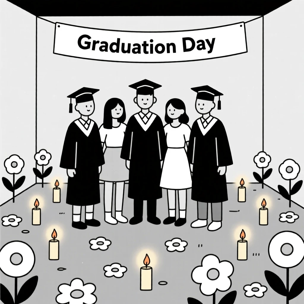 Friends gathered for a graduation ceremony in a flower-filled courtyard, surrounded by glowing candles, radiating festive excitement.