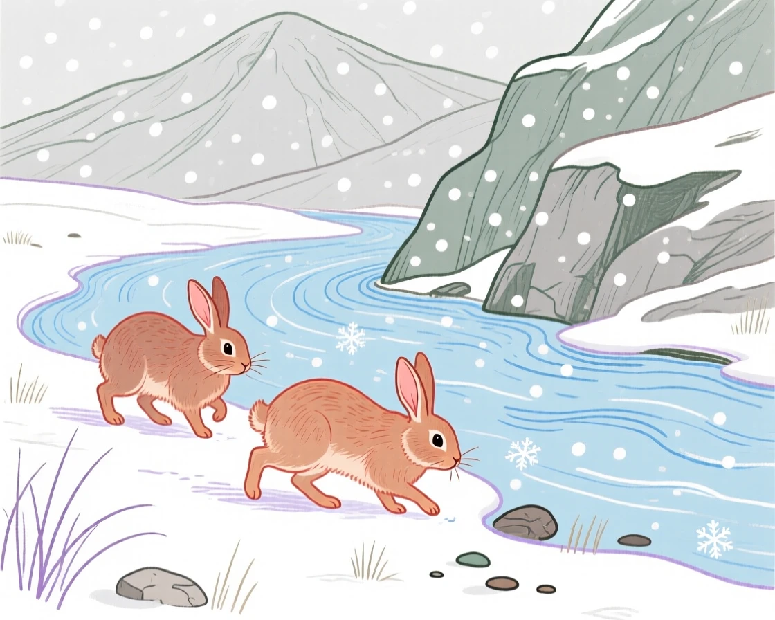 A pair of rabbits exploring beside a mountain stream during a light snowfall.