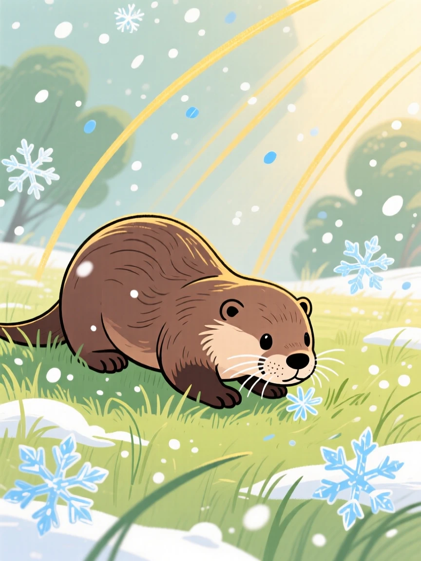 A playful otter grazing in a sunlit meadow during a light snowfall.