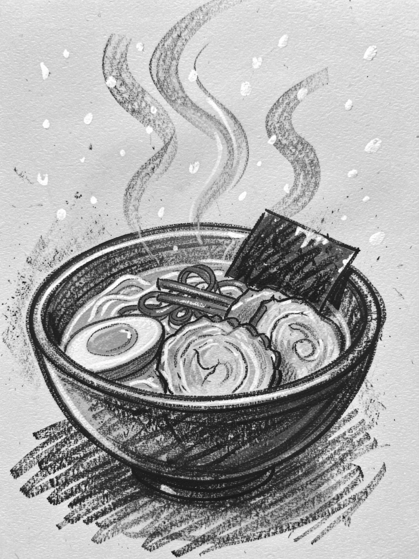 A steaming bowl of ramen with all its colorful toppings, under a soft blanket of falling snow.