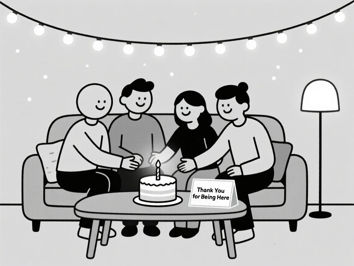 Friends gathered for a birthday party in a cozy living room, surrounded by strings of twinkling lights, radiating heartfelt gratitude.