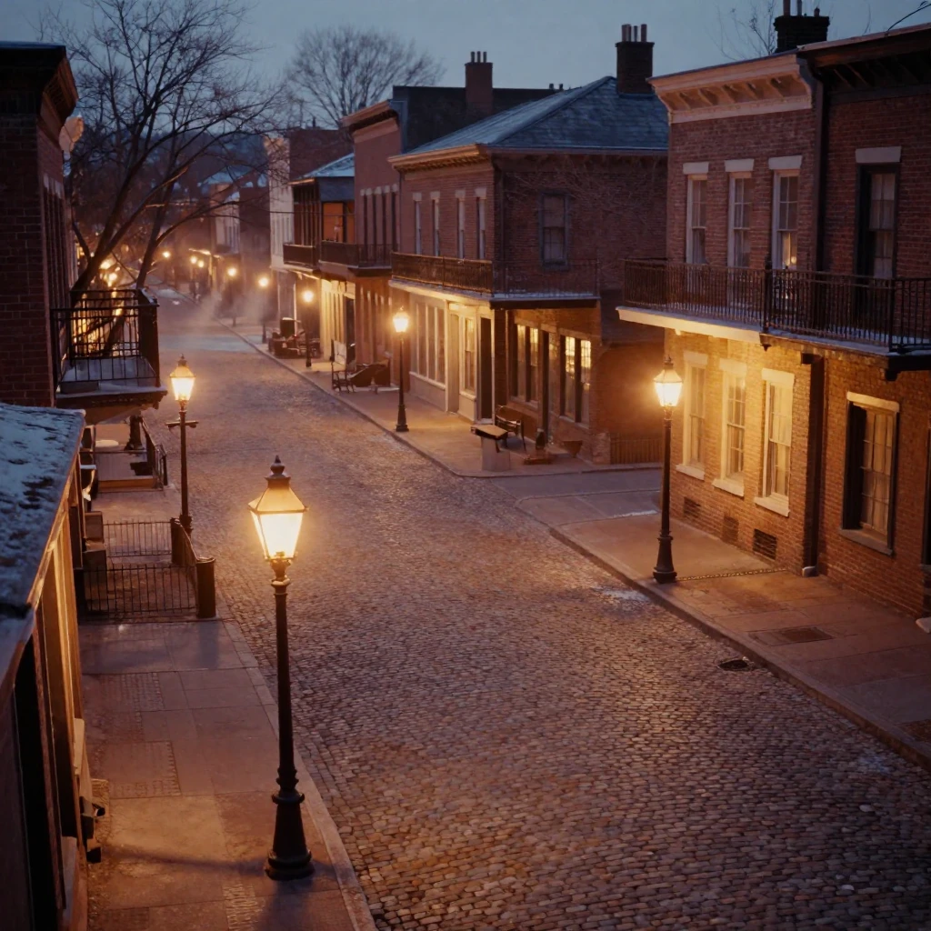 Old gas lamps lighting a quiet historic street at dusk, under flickering candlelight, in crisp, dry air, in the depths of winter, dominated by warm amber and rust tones, shot from directly overhead.