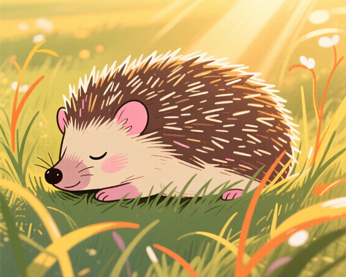 A small hedgehog napping in a sunlit meadow during golden hour.