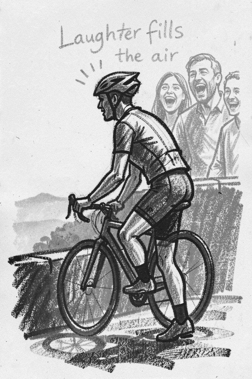 A cyclist pausing to admire a scenic overlook, as laughter fills the air around them.