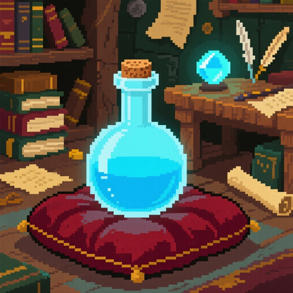 A potion bottle glowing faintly blue displayed on a velvet cushion, inside a wizard's cluttered study.
