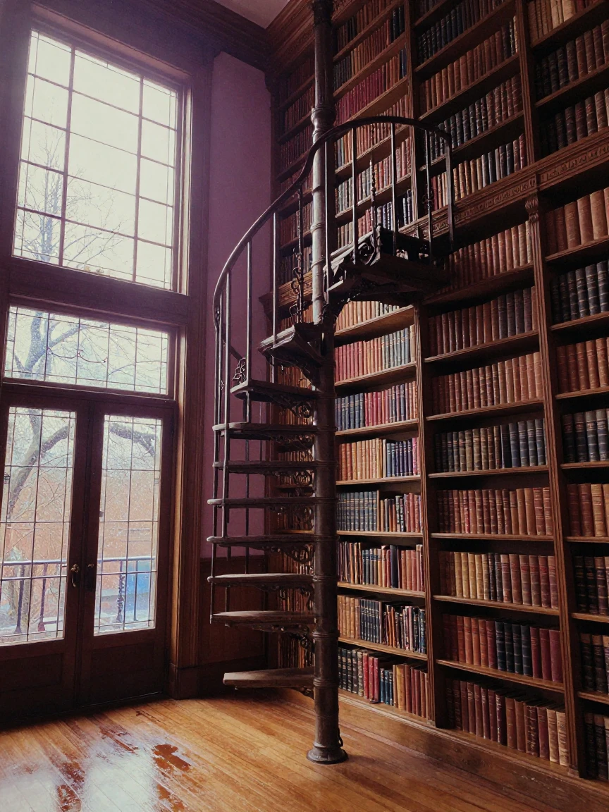 A grand old library with towering shelves and a spiral staircase, in warm morning light, just after a rain shower, with puddles reflecting the sky, in the depths of winter, in dusty lavender and rose tones, from a three-quarter angle.