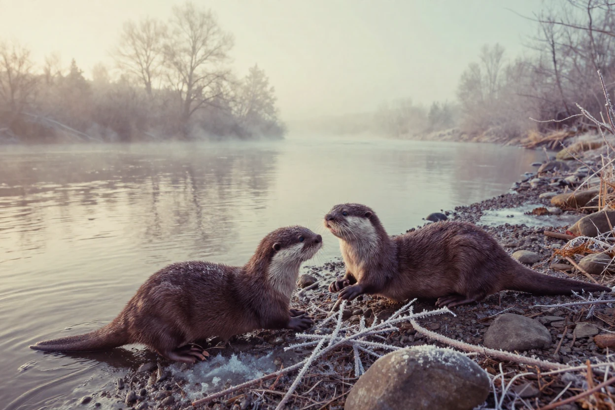 A family of otters playing along a riverbank, in warm morning light, in thick rolling fog, in the depths of winter, in soft muted pastels, shot from directly overhead.