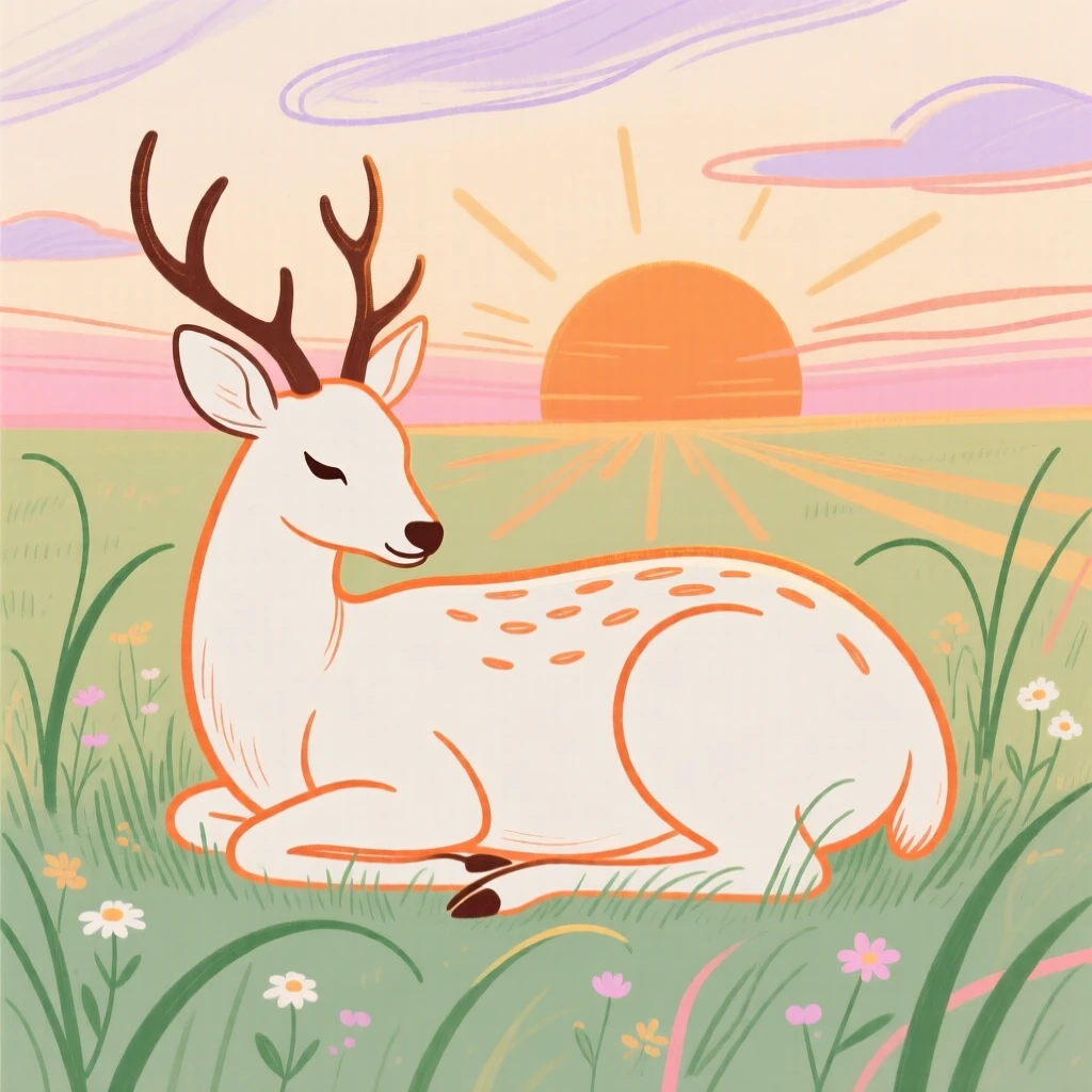 A gentle deer curled up together in a sunlit meadow at sunset.