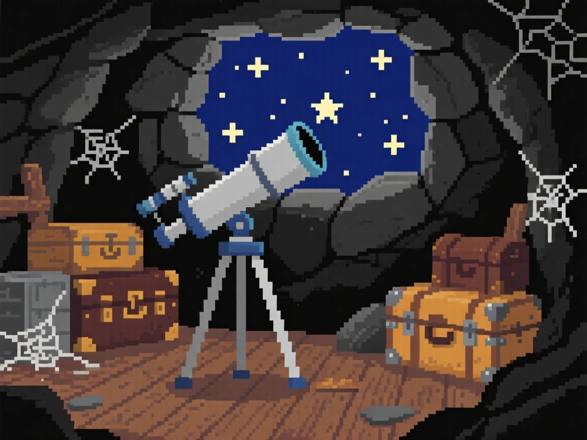 A telescope pointed at a starry sky found deep within an abandoned mine, within a dusty attic full of old trunks.