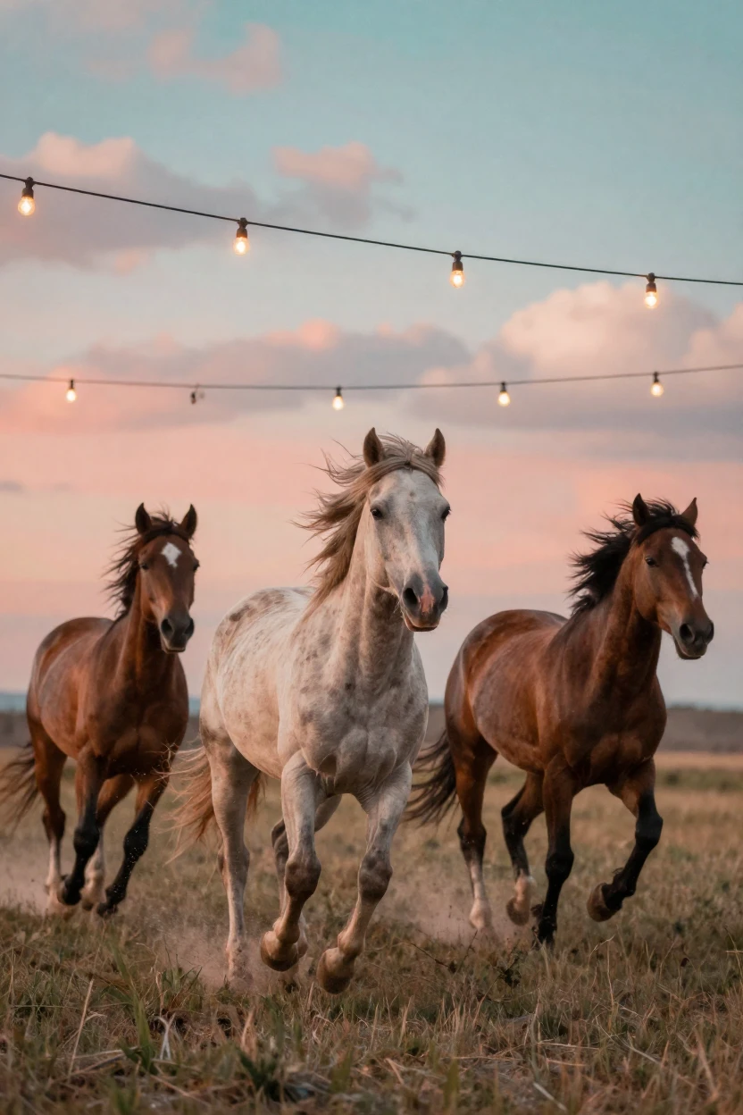 A sudden burst of wild horses running free across an open plain, under strings of warm string lights, under scattered clouds, in early spring, in vivid coral and turquoise hues, in a tight close-up.