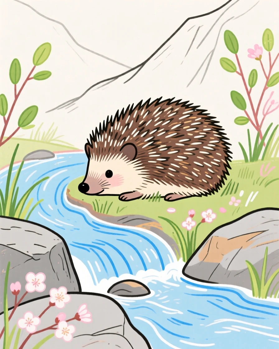 A small hedgehog curled up together beside a mountain stream in early spring.