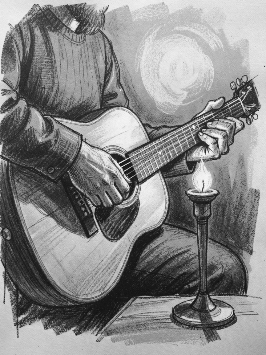 A musician's hands playing an acoustic guitar by candlelight, on a quiet, peaceful afternoon.