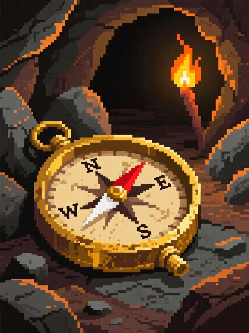 An old brass compass found deep within an abandoned mine, within a cave lit by torchlight.