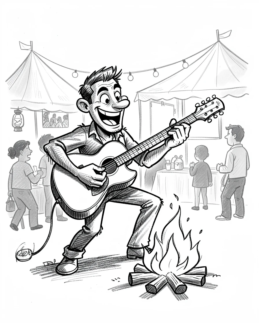 A guitarist strumming beside a campfire in a community art fair.