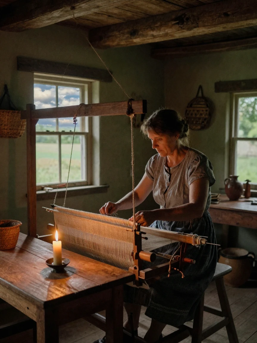 A weaver working a traditional loom in a rural cottage, under flickering candlelight, under scattered clouds, in the height of summer, with muted olive and rust colors, from a slightly elevated vantage point.